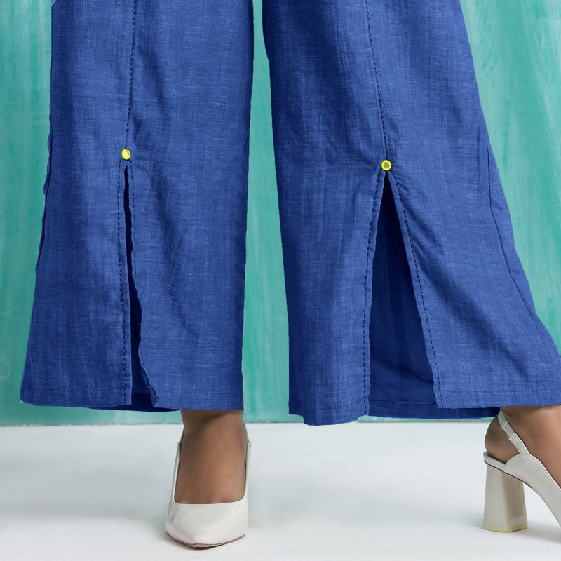 Navy Blue Handspun Cotton Elasticated Mid-Rise Wide Legged Pant