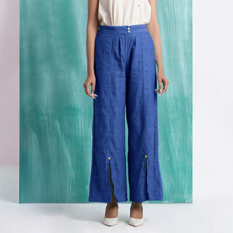 Navy Blue Handspun Cotton Elasticated Mid-Rise Wide Legged Pant