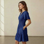 Navy Blue Handspun Cotton Elasticated Short Tier Dress