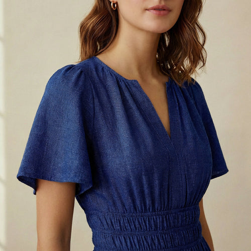 Navy Blue Handspun Cotton Elasticated Short Tier Dress