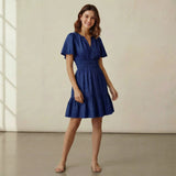Navy Blue Handspun Cotton Elasticated Short Tier Dress