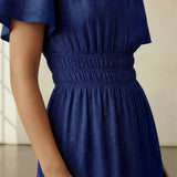 Navy Blue Handspun Cotton Elasticated Short Tier Dress