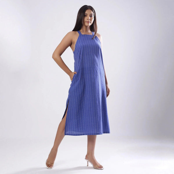 Right View of a Model wearing Navy Blue Handspun Slit Slip Dress