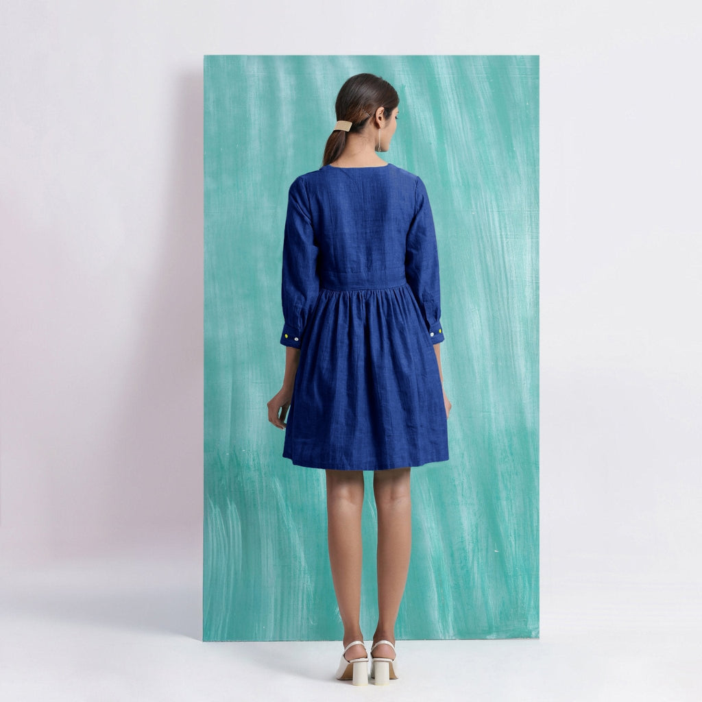 Navy Blue Handspun Cotton V-Neck Gathered Short Dress
