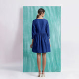Navy Blue Handspun Cotton V-Neck Gathered Short Dress