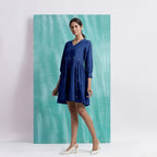 Navy Blue Handspun Cotton V-Neck Gathered Short Dress