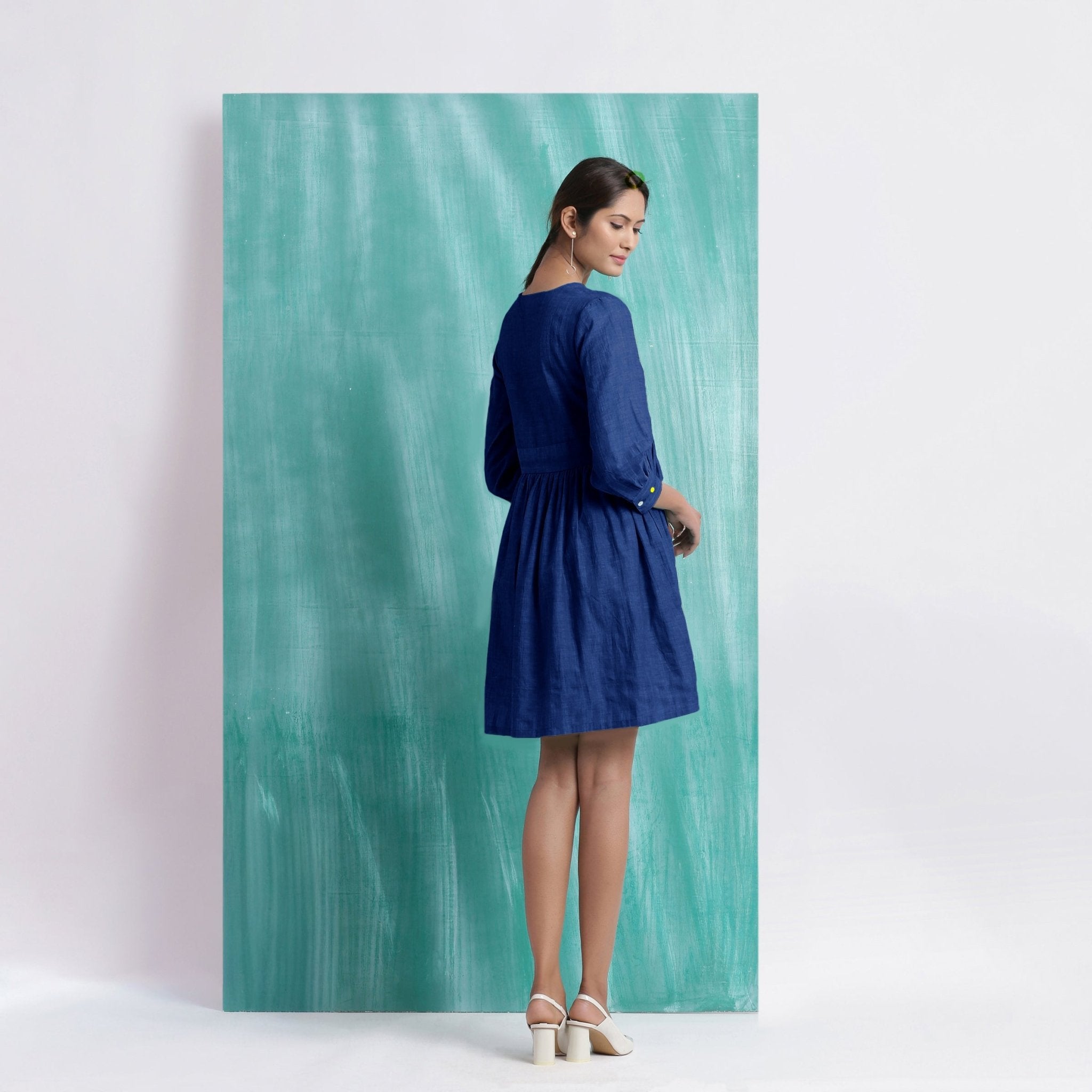 Navy Blue Handspun Cotton V-Neck Gathered Short Dress