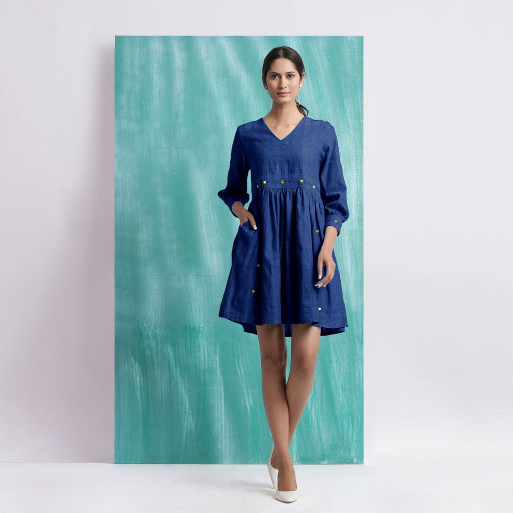 Navy Blue Handspun Cotton V-Neck Gathered Short Dress