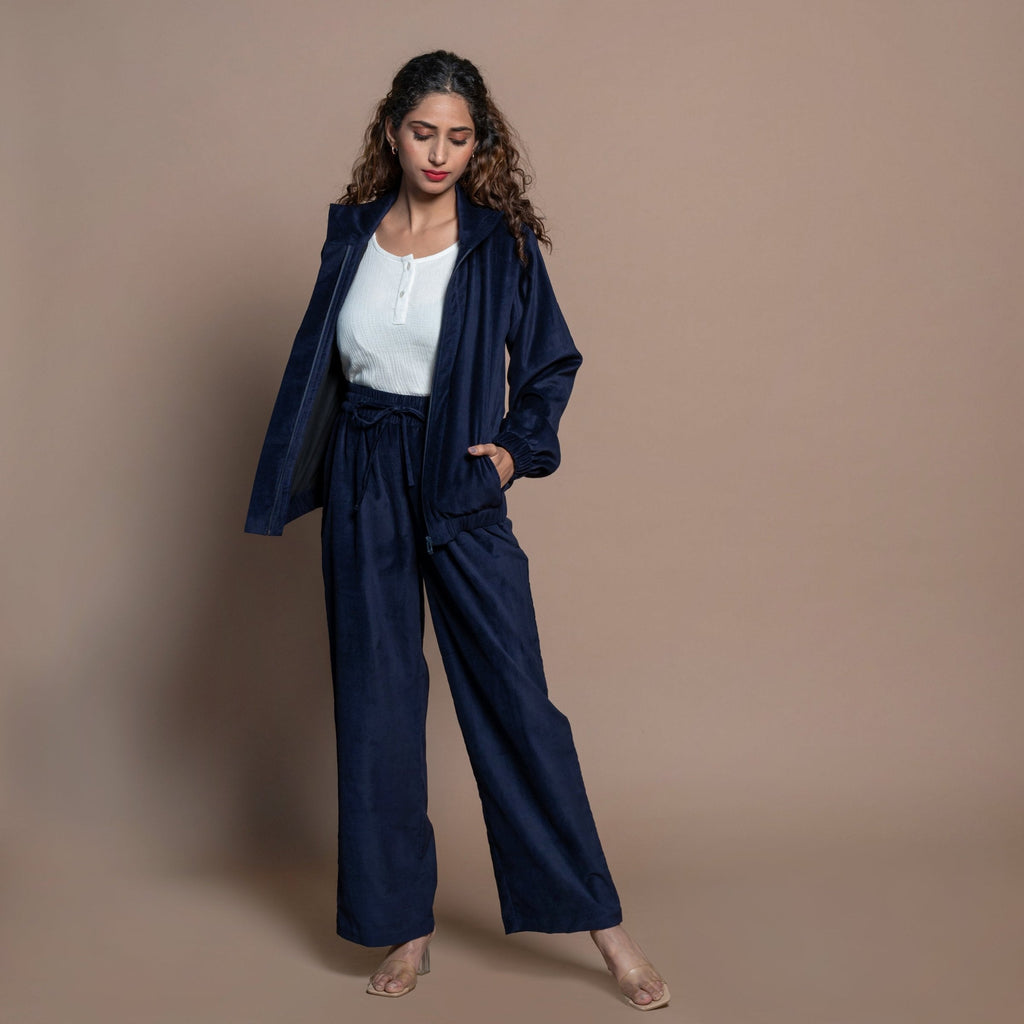 Front View of a Model wearing Navy Blue Cotton Velvet Elasticated High-Rise Pant