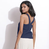 Back View of a Model wearing Navy Blue Honeycomb Waffle Strap Top