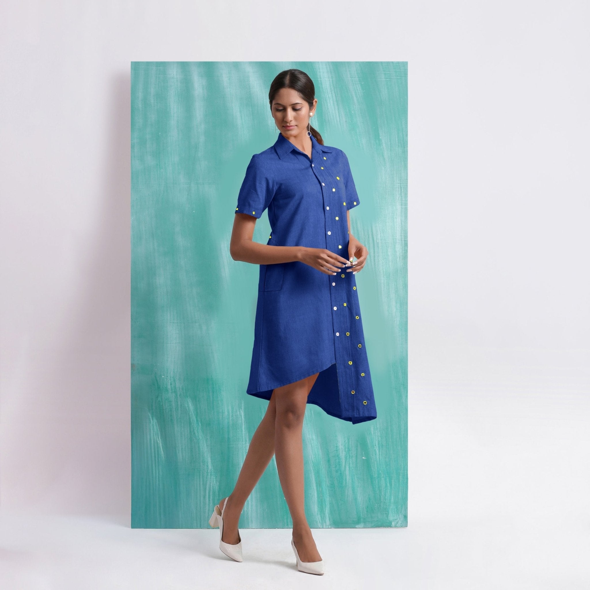 Navy Blue Mirror Work Cotton Knee Length Asymmetrical Dress
