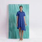Navy Blue Mirror Work Cotton Knee Length Asymmetrical Dress