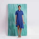 Navy Blue Mirror Work Cotton Knee Length Asymmetrical Dress