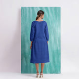Navy Blue Mirror Work Embroidered Cotton Paneled Midi Dress