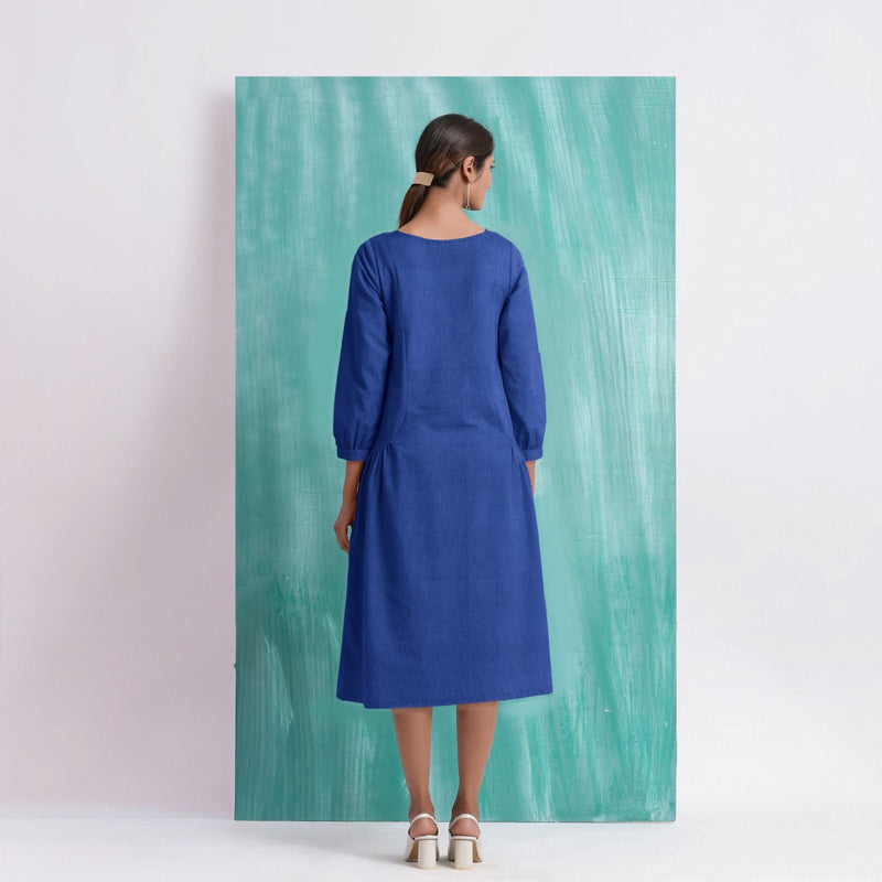 Navy Blue Mirror Work Embroidered Cotton Paneled Midi Dress