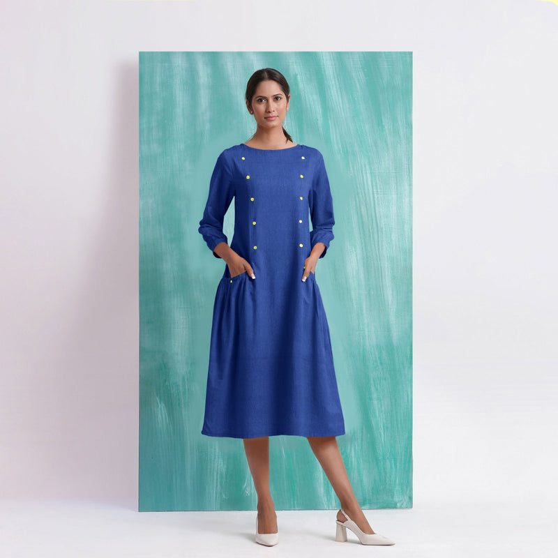 Navy Blue Mirror Work Embroidered Cotton Paneled Midi Dress