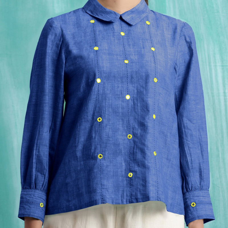 Navy Blue Mirror Work Handspun Cotton Blouse Top