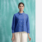 Navy Blue Mirror Work Handspun Cotton Blouse Top