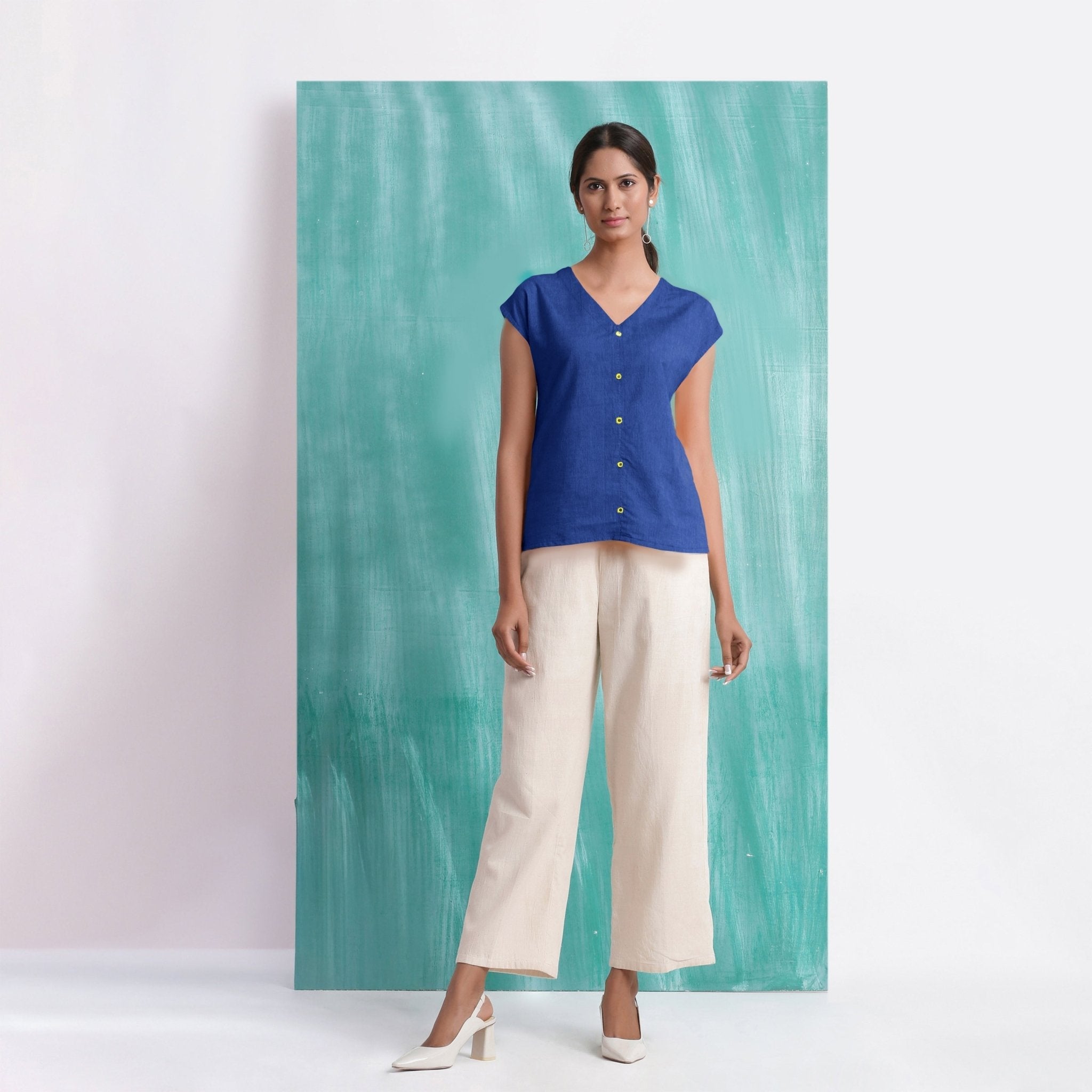 Navy Blue Mirror Work Handspun Cotton Drop Shoulder Top