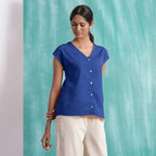 Navy Blue Mirror Work Handspun Cotton Drop Shoulder Top