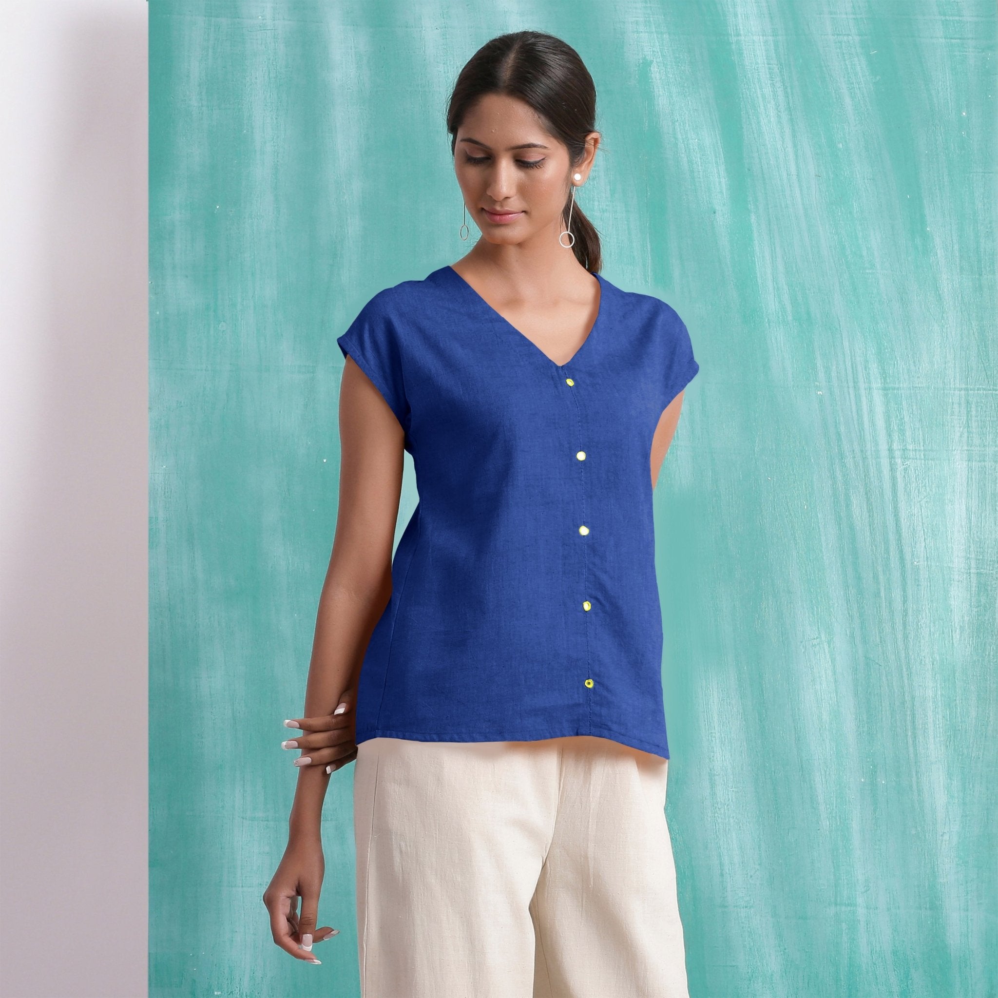 Navy Blue Mirror Work Handspun Cotton Drop Shoulder Top