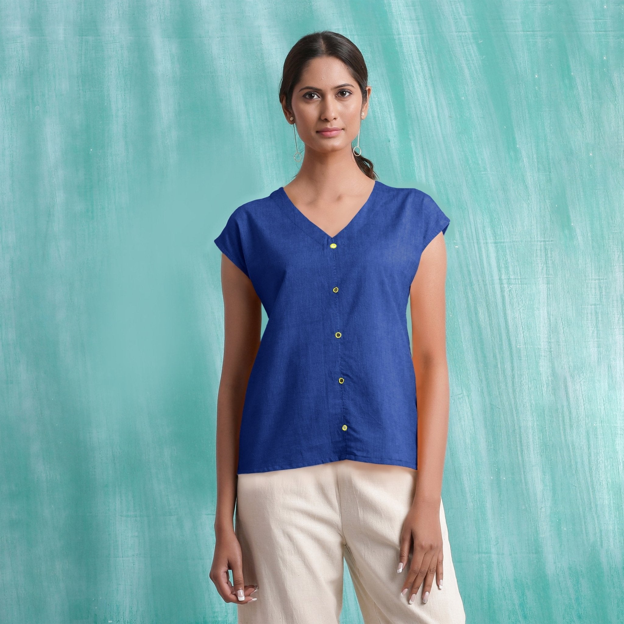 Navy Blue Mirror Work Handspun Cotton Drop Shoulder Top