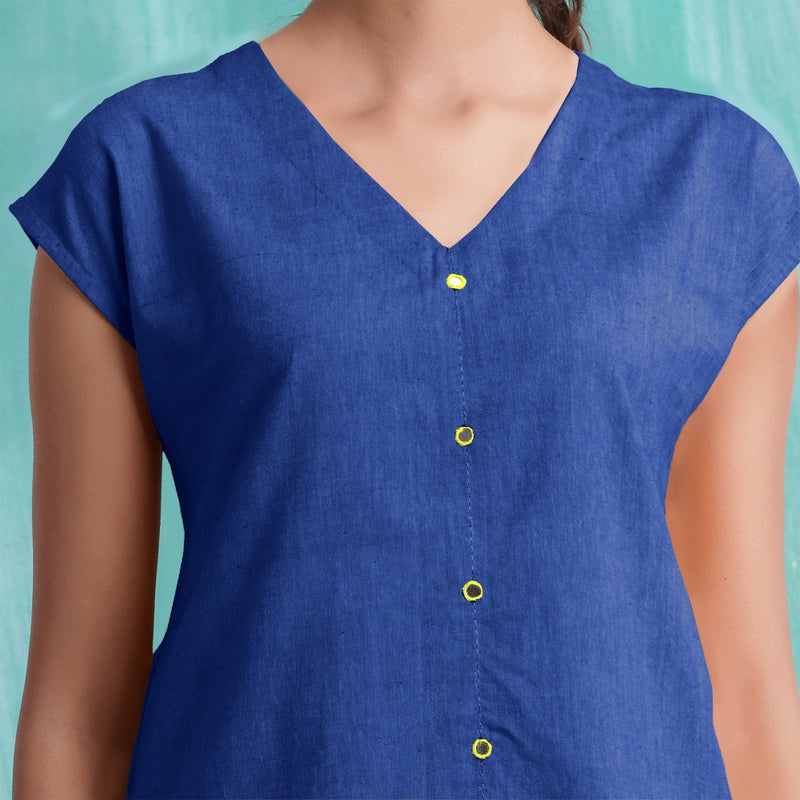 Navy Blue Mirror Work Handspun Cotton Drop Shoulder Top