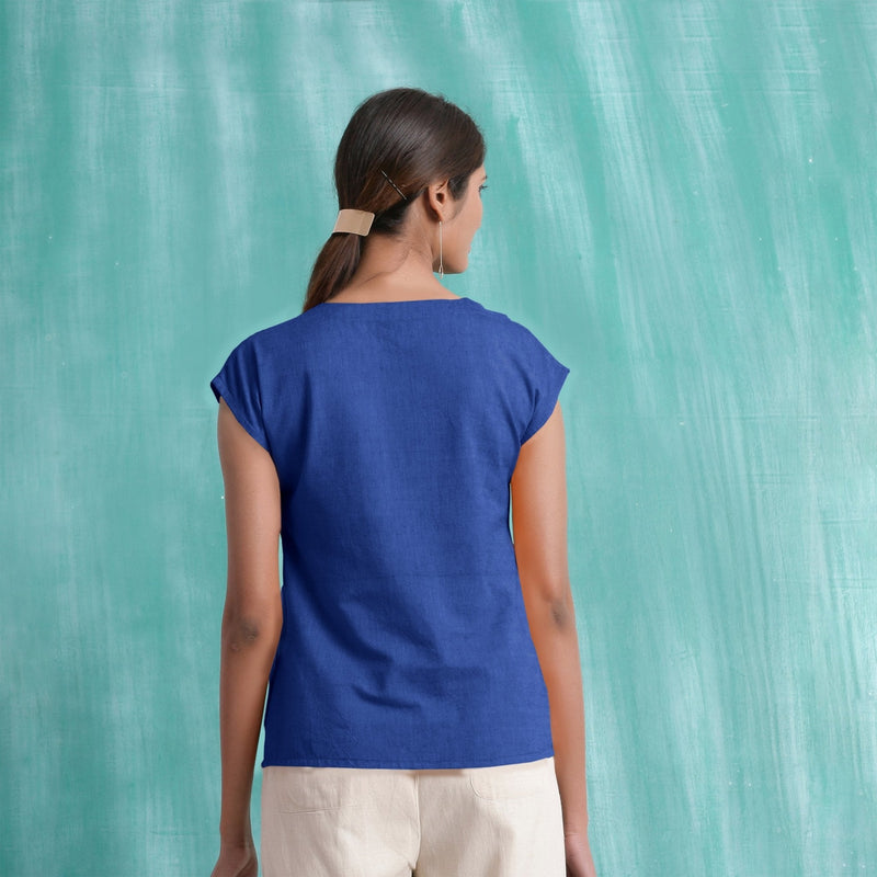 Navy Blue Mirror Work Handspun Cotton Drop Shoulder Top