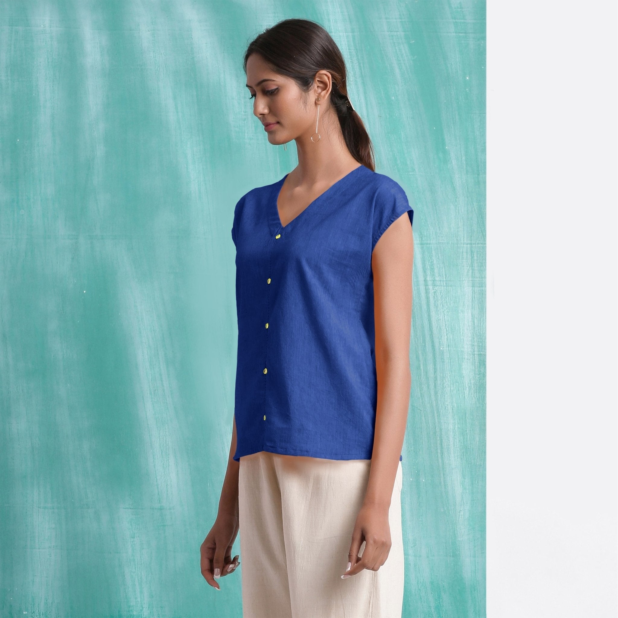 Navy Blue Mirror Work Handspun Cotton Drop Shoulder Top