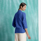 Navy Blue Mirror Work Handspun Cotton Mandarin Collar Top