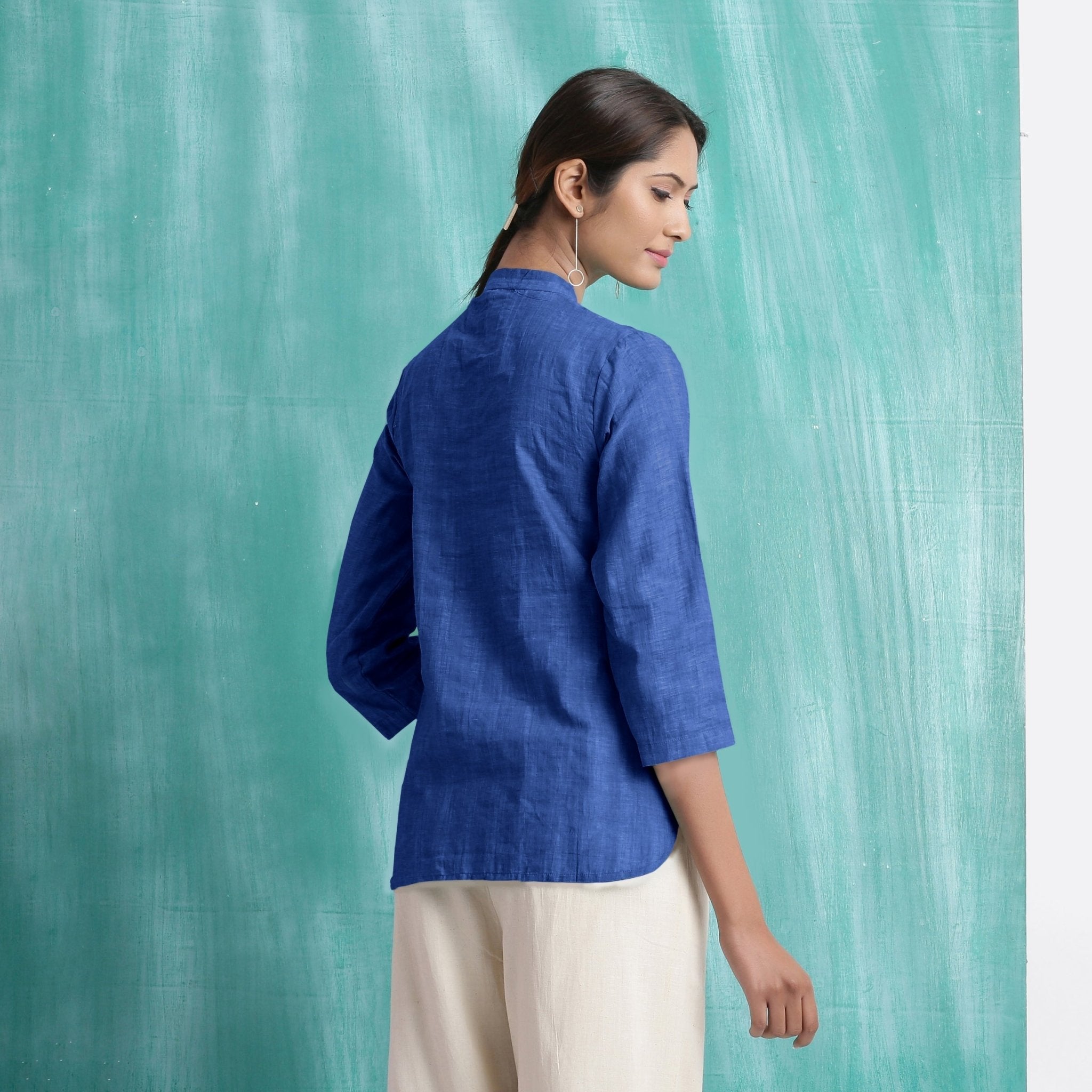 Navy Blue Mirror Work Handspun Cotton Mandarin Collar Top