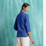 Navy Blue Mirror Work Handspun Cotton Mandarin Collar Top