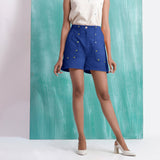 Navy Blue Mirror Work Handspun Cotton Mid-Rise Elasticated Shorts