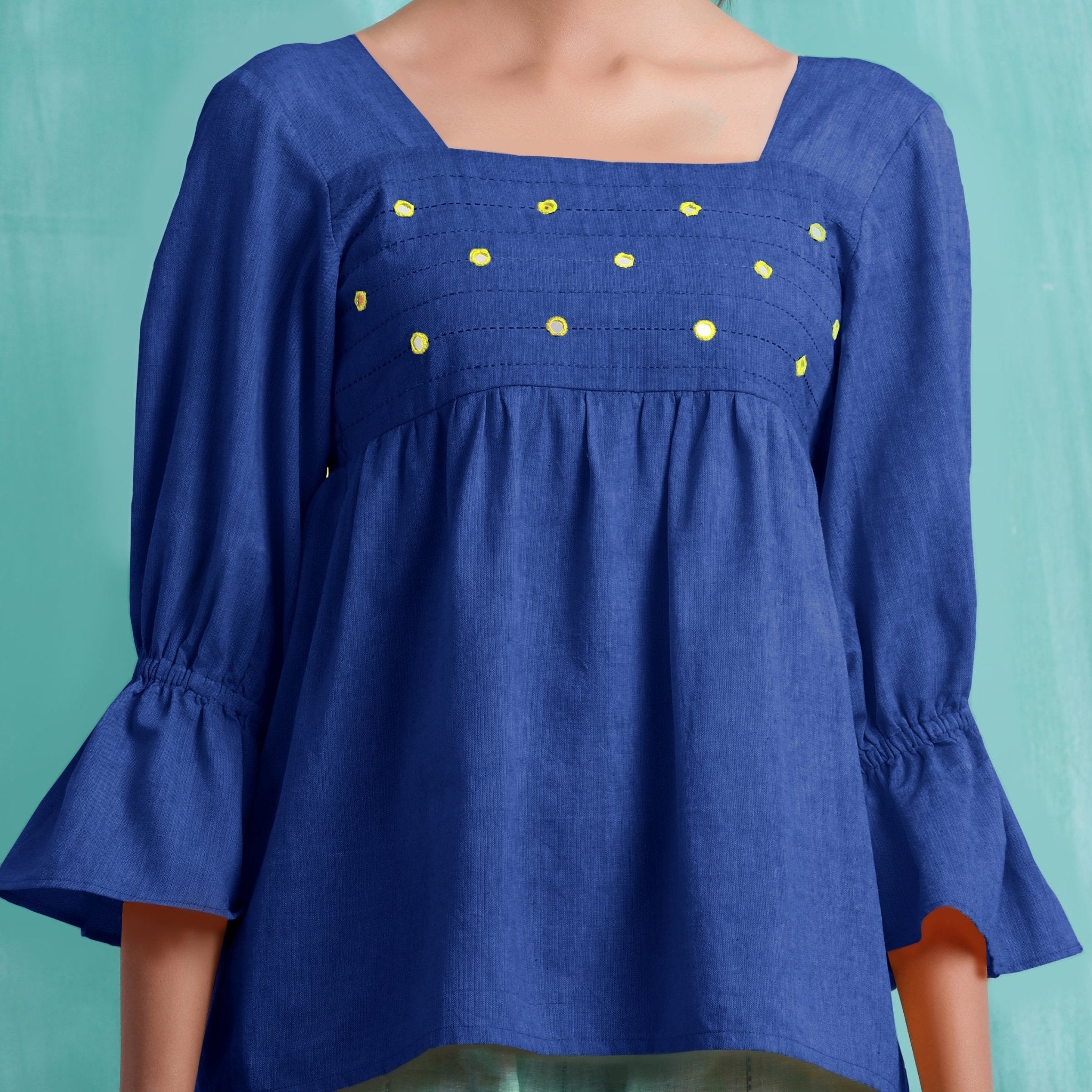 Navy Blue Mirror Work Handspun Cotton Poet Sleeves Yoked Top
