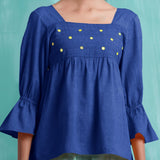 Navy Blue Mirror Work Handspun Cotton Poet Sleeves Yoked Top