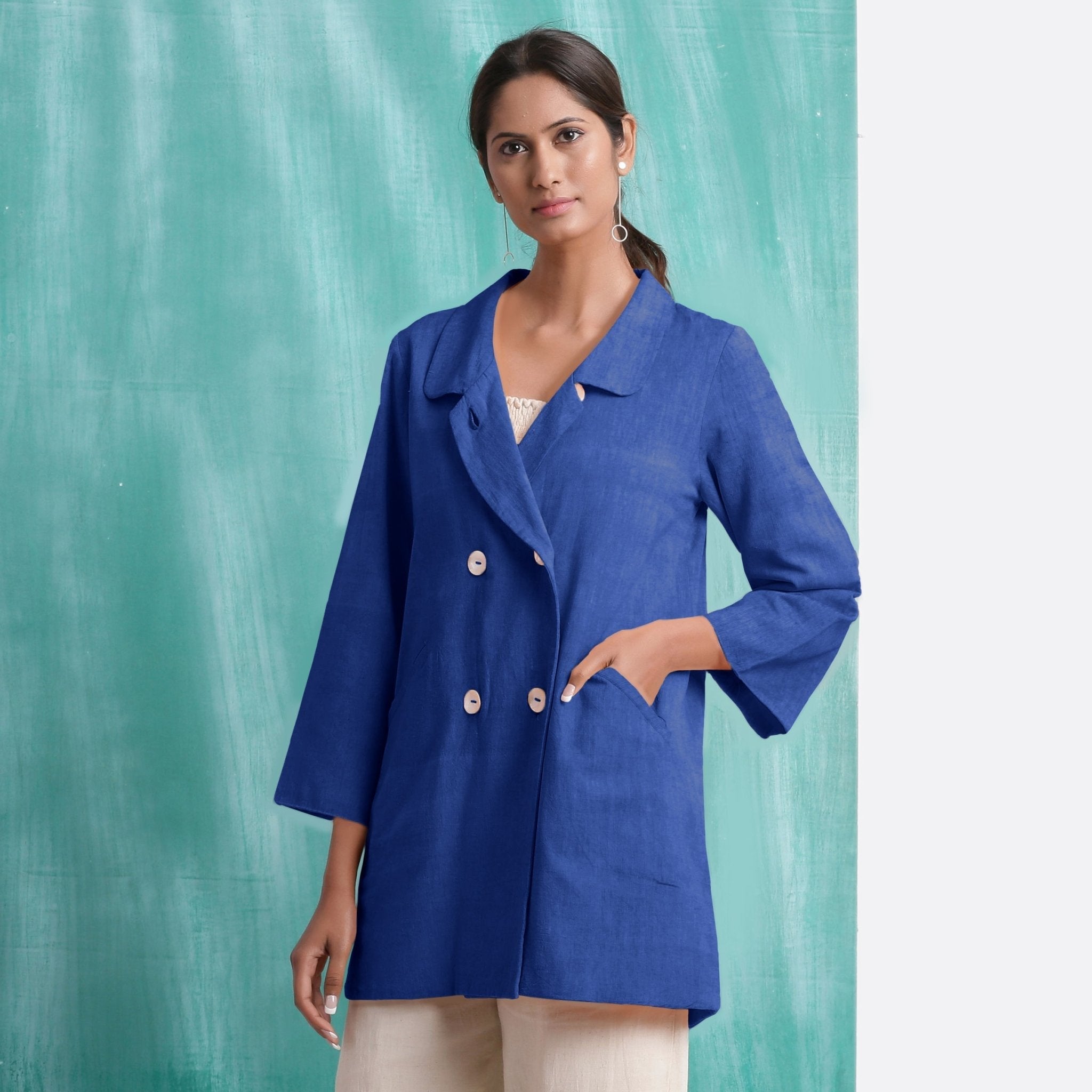 Navy Blue Handspun Cotton Welt Pocket Coat