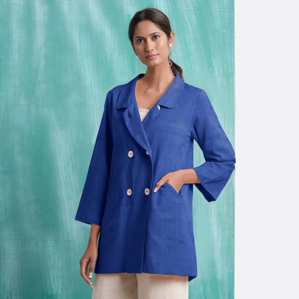 Navy Blue Handspun Cotton Welt Pocket Coat