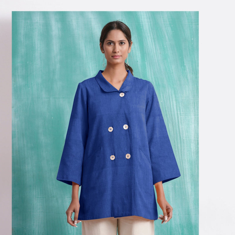 Navy Blue Handspun Cotton Welt Pocket Coat