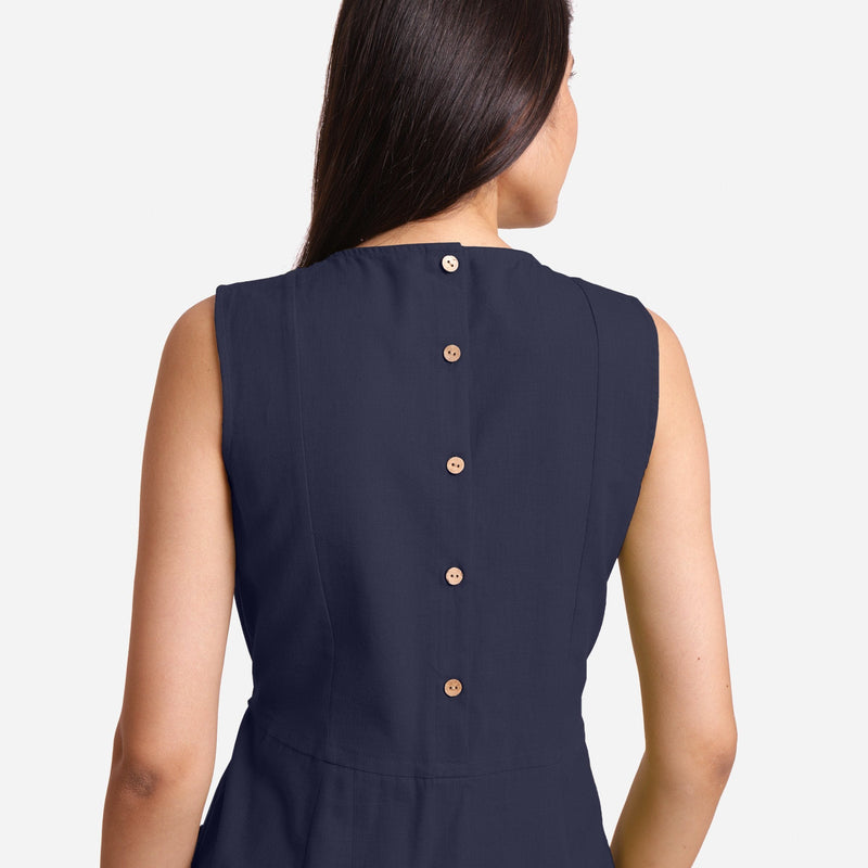 Back Detail of a Model wearing Navy Blue Patch Pocket Round Neck Dress