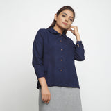 Front View of a Model wearing Solid Navy Blue Peter Pan Collar Shirt