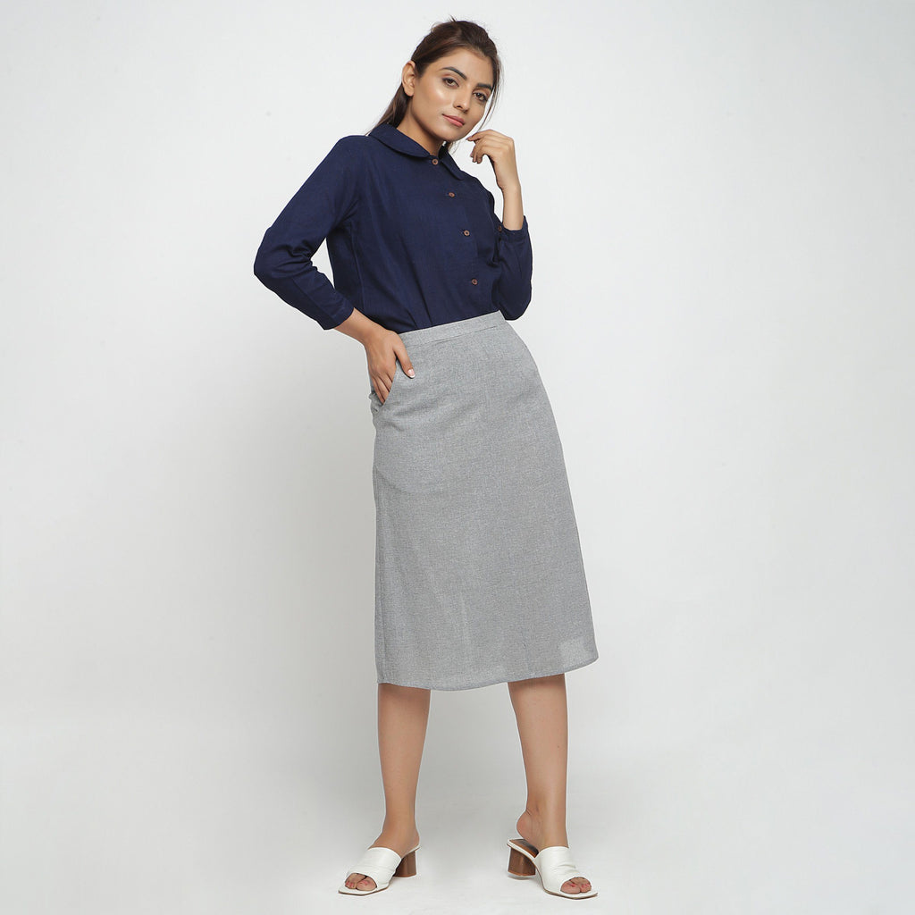 Right View of a Model wearing Solid Navy Blue Peter Pan Collar Shirt