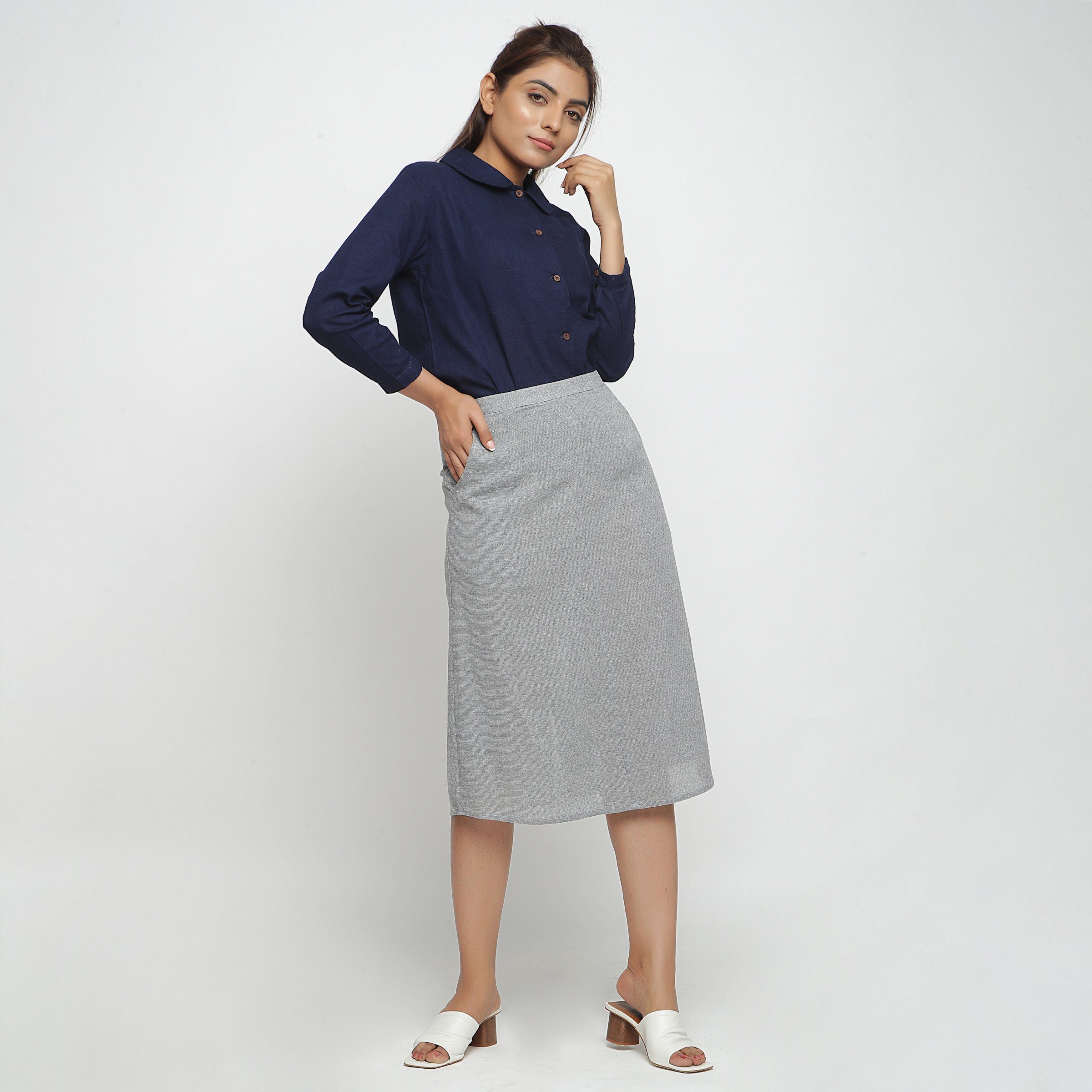 Right View of a Model wearing Solid Navy Blue Peter Pan Collar Shirt