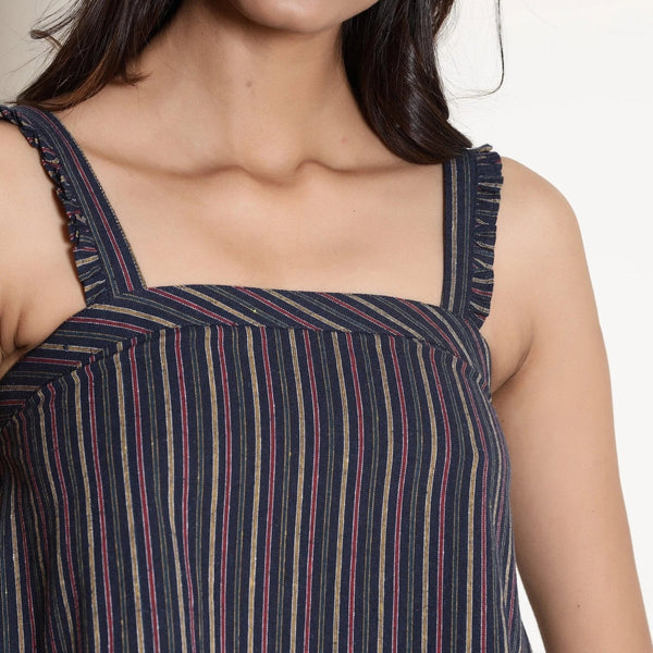 Front Detail of a Model wearing Navy Blue Striped Camisole Top