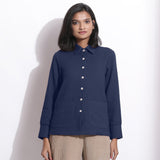Front View of a Model wearing Navy Blue Waffle Button-Down Pocket Shirt