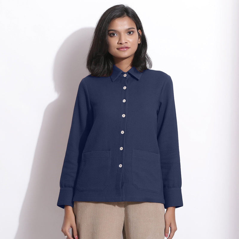 Front View of a Model wearing Navy Blue Waffle Button-Down Pocket Shirt