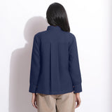 Back View of a Model wearing Navy Blue Waffle Button-Down Pocket Shirt