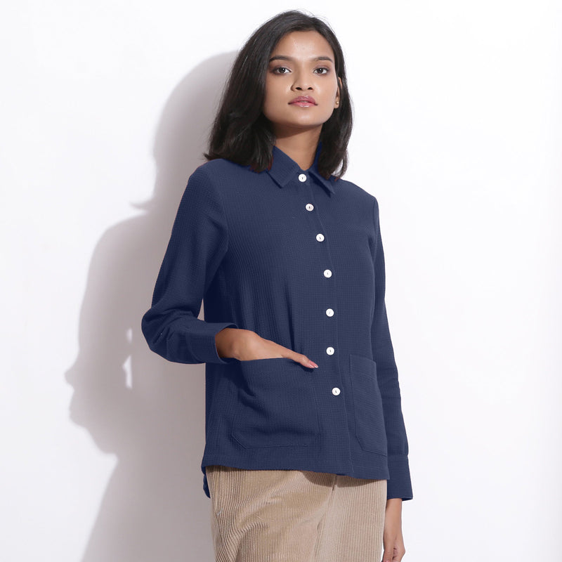 Right View of a Model wearing Navy Blue Waffle Button-Down Pocket Shirt