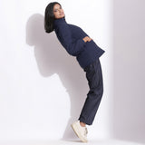 Right View of a Model wearing Navy Blue Waffle Quilted Puffer Jacket