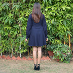 Navy Blue Warm Cotton Waffle Fit and Flare Short Dress