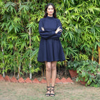 Navy Blue Warm Cotton Waffle Fit and Flare Short Dress
